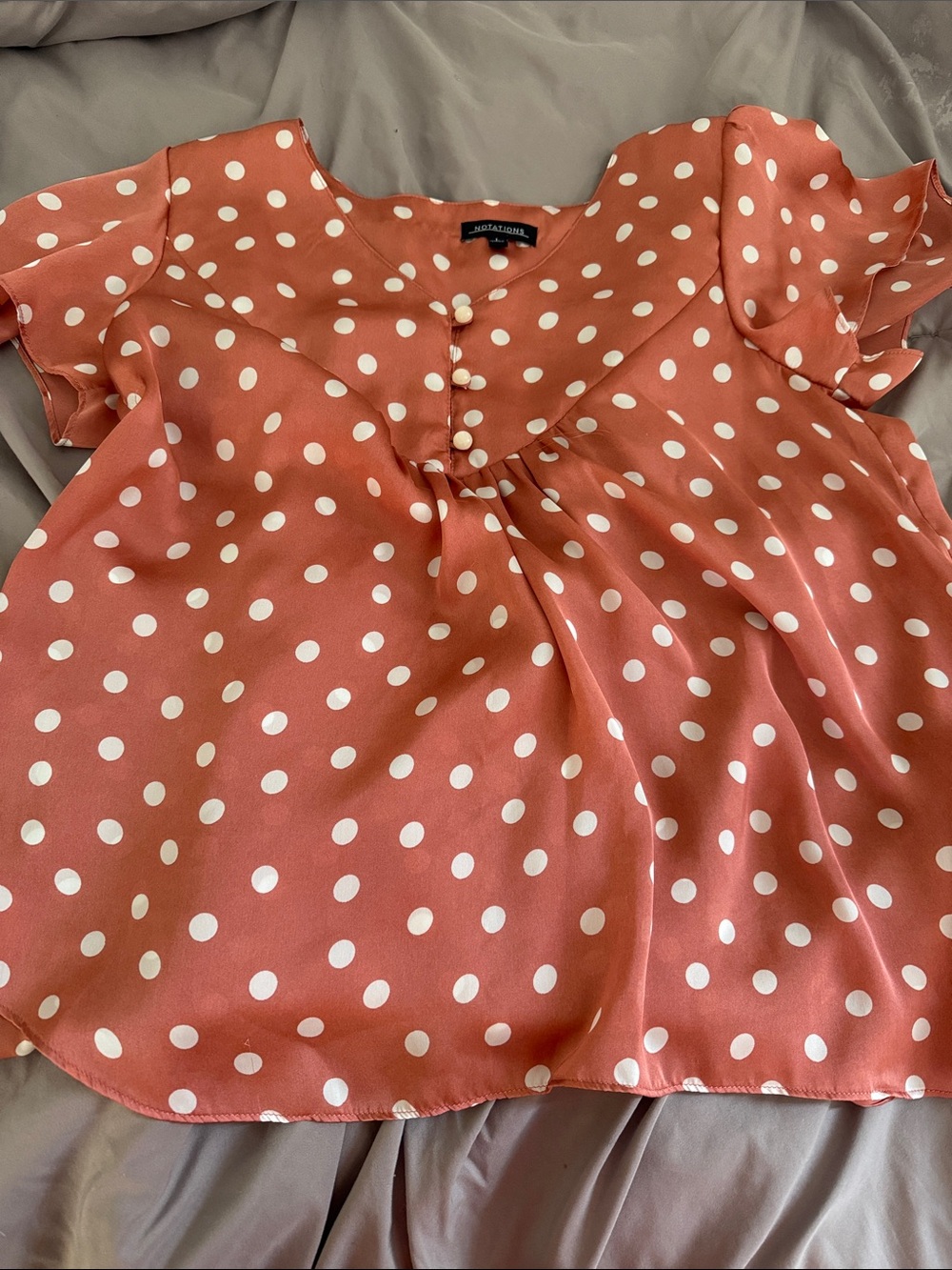 Notations Coral Polka Dot Ruffle Sleeve Blouse